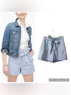 J. Crew Blue & White Striped High Rise Cotton Blend Tie-Waist Shorts Size 4